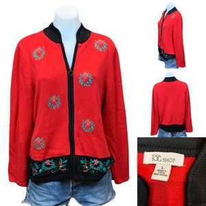 Vintage Red and Black Embroidered Turtleneck Sweater